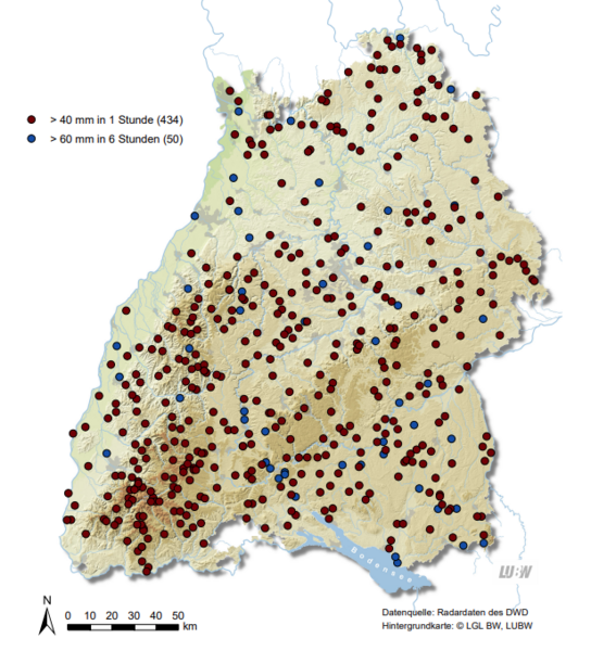 Bild vergrößern: Starkregenereignisse in Baden-Württemberg zwischen 2001 und 2020 entsprechend den DWD-Warnkriterien vor extrem heftigem Starkregen
